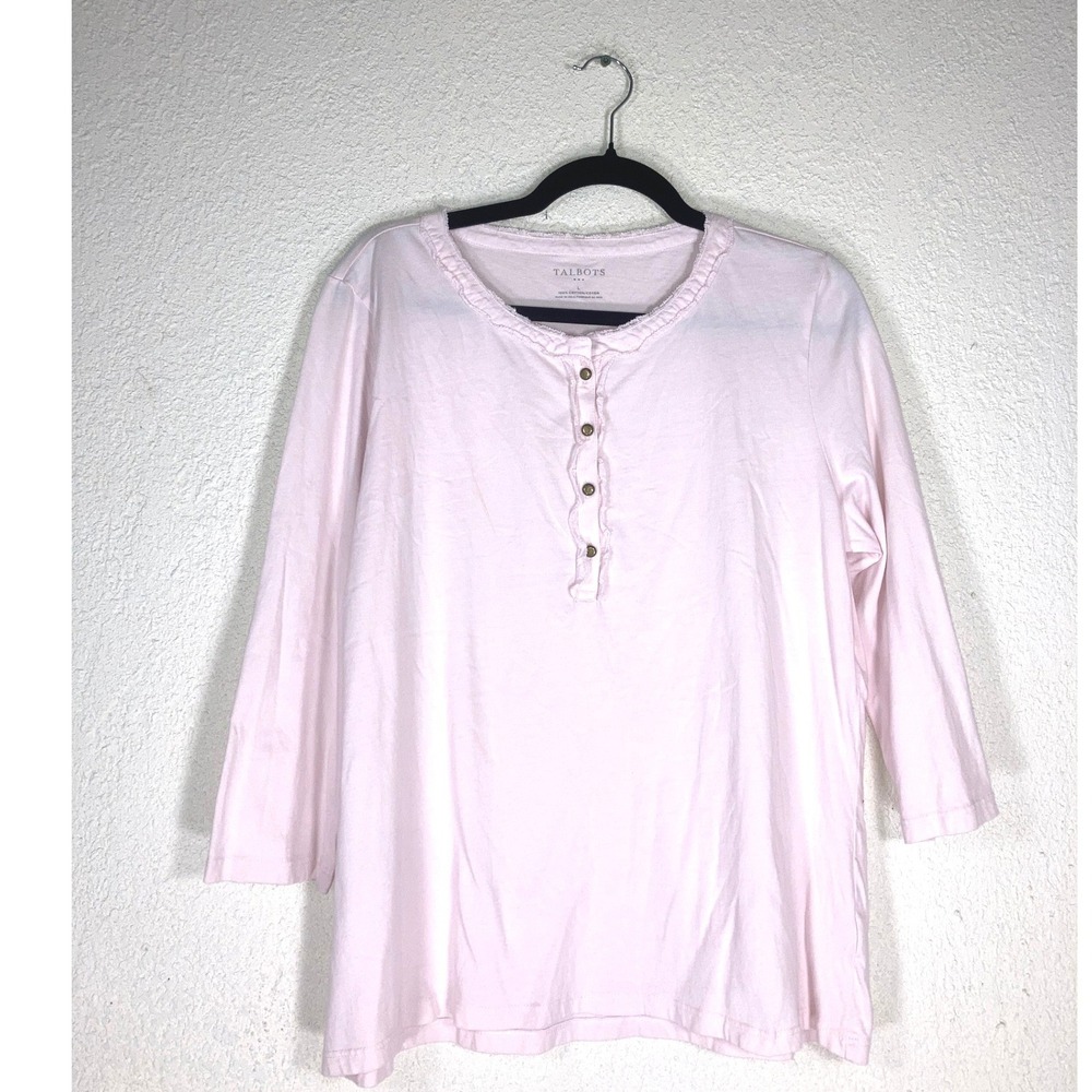 Talbots Womens Pink Cotton Slub Ruffle Henley 3/4 Sleeve Top Large IN4906